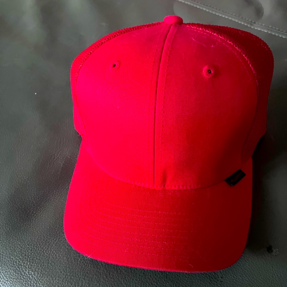 Red trucker mesh back fitted hat